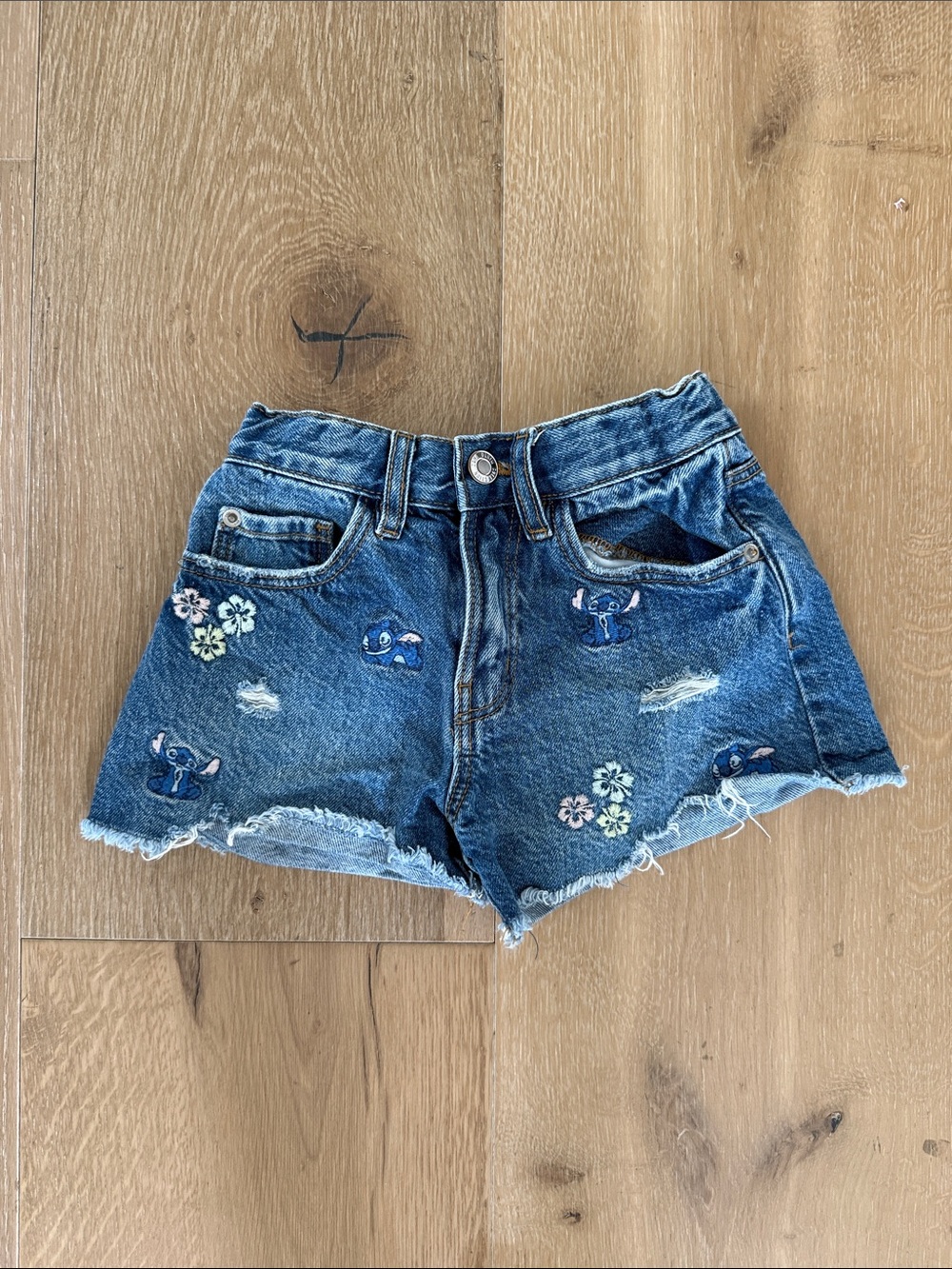Zara Blue Denim Embroidered Girls'  Lilo and Stitch Cutoff Shorts